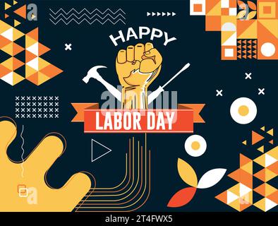 Internationales Happy Labor Day Typografie-Bannerdesign mit Arbeitswerkzeugen und Handfaust. Abstrakter moderner geometrischer Hintergrund. Stock Vektor