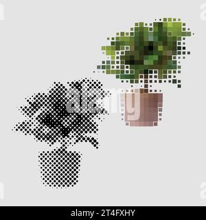 Ficus-Zimmerpflanzenstrauch wächst im Topf für die Innendekoration. Zimmerpflanze mit grünen Blütenblättern Stock Vektor