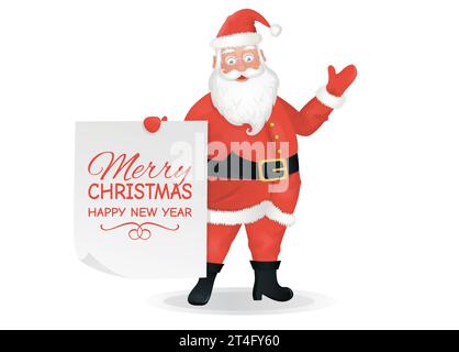 Der Weihnachtsmann winkt und hält eine Zeitung mit Frohe Weihnachten und Happy New Year Text. Stock Vektor