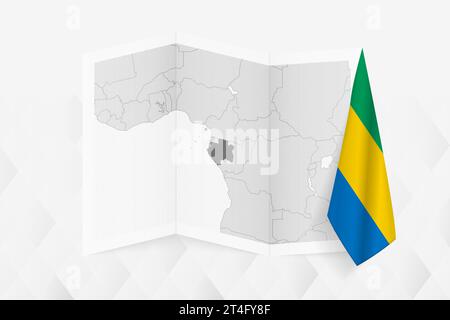 Eine graue Karte von Gabun mit einer hängenden gabunischen Flagge auf einer Seite. Vektorkarte für viele Arten von Nachrichten. Vektorabbildung. Stock Vektor