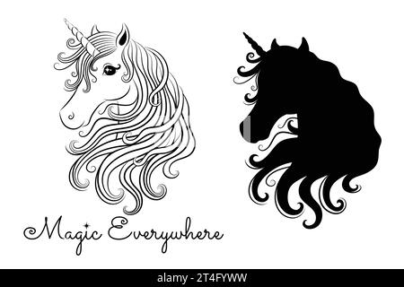 Silhouette eines Einhorns und Umriss eines Einhorns. Isoliert auf weiß. Stock Vektor