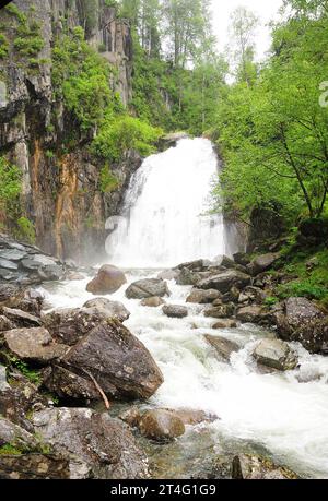 Ein breiter Fluss fließt von den Bergen in einem stürmischen Bach durch den Morgensommerwald nach Regen. Korbu Wasserfall, Altai, Sibirien, Russland. Stockfoto