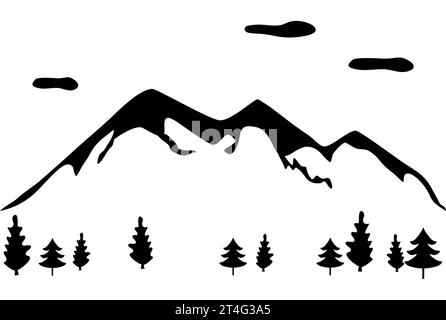 Berge Silhouette schwarz-weiß Symbol, felsige Gipfel oder Berge mit Bäumen in Vordergrundvektorillustration, Landschaft Panorama Banner, Abenteuer Reise Symbol oder Logo Stock Vektor