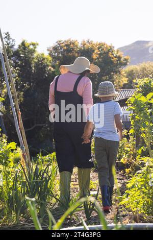 Glückliche birassische Großmutter und Enkel, die im sonnigen Garten spazieren gehen Stockfoto