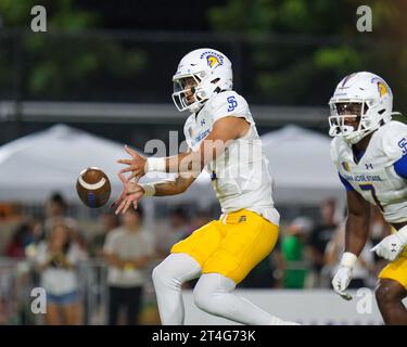 28. Oktober 2023: San Jose State Spartans Quarterback Chevan Cordeiro #2 bekommt beim NCAA-Football-Spiel zwischen den University of Hawaii Warriors und der San Jose St. den Schnappschuss Spartans im Clarence T.C. Ching Complex in Honolulu, Hawaii. Glenn Yoza/CSM Stockfoto