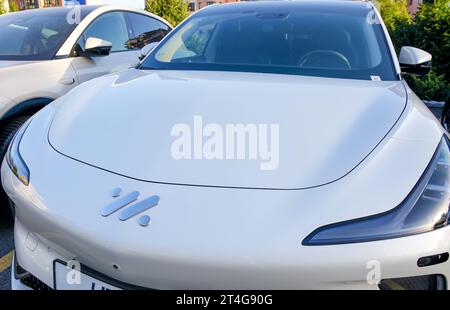 Almaty, Kasachstan – 18. August 2023: Emblem von im Motors auf der Motorhaube des LS7-Modells. Elektroauto Stockfoto