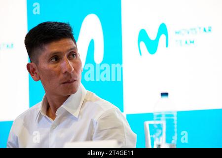 Bogota, Kolumbien. 30. Oktober 2023. Der kolumbianische Radfahrer Nairo Quintana kündigte am 30. oktober 2023 seine Rückkehr zum Movistar Cycling Team in Bogota an. Foto: Chepa Beltran/Long Visual Press Credit: Long Visual Press/Alamy Live News Stockfoto