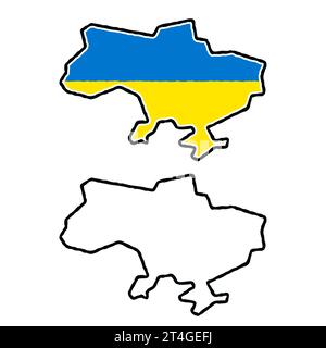 Handgezeichnete Cartoon-Karte der Ukraine Umriss. Schwarz-weiße Linienzeichnung und ukrainische Flaggenfarben. Illustration von Vektorclips. Stock Vektor