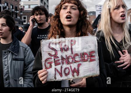 Dublin, Irland. Oktober 2023. Ein Demonstrant hält während der Demonstration ein Plakat. Tausende von Menschen versammelten sich und marschierten durch die Straßen von Dublin, um die Palästinenser zu unterstützen. Die Demonstranten verlangten einen sofortigen Waffenstillstand, die Vertreibung des israelischen Botschafters in Dublin, einen Boykott israelisch unterstützender Produkte und Organisationen sowie Maßnahmen der irischen Regierung. Quelle: SOPA Images Limited/Alamy Live News Stockfoto