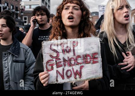 Dublin, Irland. Oktober 2023. Ein Demonstrant hält während der Demonstration ein Plakat. Tausende von Menschen versammelten sich und marschierten durch die Straßen von Dublin, um die Palästinenser zu unterstützen. Die Demonstranten verlangten einen sofortigen Waffenstillstand, die Vertreibung des israelischen Botschafters in Dublin, einen Boykott israelisch unterstützender Produkte und Organisationen sowie Maßnahmen der irischen Regierung. (Foto: Natalia Campos/SOPA Images/SIPA USA) Credit: SIPA USA/Alamy Live News Stockfoto