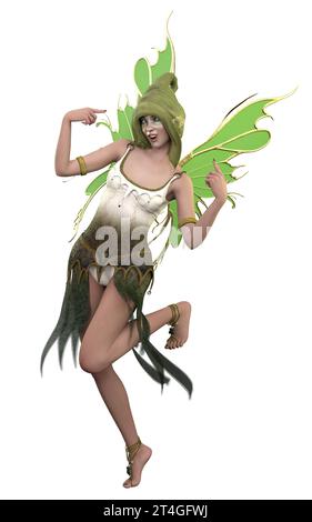 Fantasy-Fee-Mädchen im Hut mit grünen Flügeln, 3D-Illustration. Stockfoto