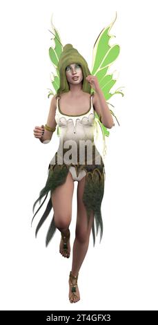 Fantasy-Fee-Mädchen im Hut mit grünen Flügeln, 3D-Illustration. Stockfoto