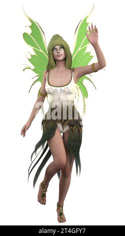 Fantasy-Fee-Mädchen im Hut mit grünen Flügeln, 3D-Illustration. Stockfoto