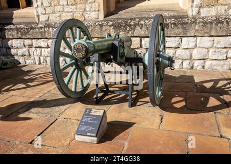 Waterloo-Batterie im Waterloo-Kaserne Tower of London, mit gefangener französischer Kanone aus der Schlacht von Waterloo im Jahr 1815, London, England, Großbritannien Stockfoto