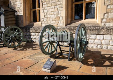 Waterloo-Batterie im Waterloo-Kaserne Tower of London, mit gefangener französischer Kanone aus der Schlacht von Waterloo im Jahr 1815, London, England, Großbritannien Stockfoto