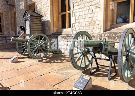 Tower of London, Rüstungskanonen aus der Schlacht von Waterloo außerhalb der Waterloo Kaserne, Tower of London, England, UK, September 2023 Stockfoto