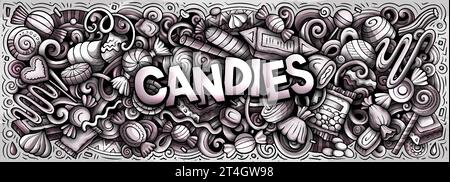 Cartoon Vektor Bonbons Doodle Illustration zeigt eine Vielzahl von süßen Lebensmitteln Objekte und Symbole. Einfarbiges, skurriles Bild. Stock Vektor