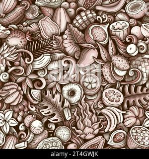 Cartoon Vektor-Kritzeleien zum Thema exotische Früchte nahtlose Muster enthält eine Vielzahl von tropischen fruchtigen Objekten und Symbolen. Skurril verspielt m Stock Vektor