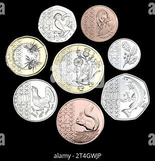 Erste endgültige Serie britischer Münzen mit König Karl III., Ausgabe 2023 Stockfoto