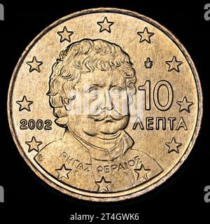 Griechische 10c-Euro-Münze - Rigas Feraios, griechischer Schriftsteller Stockfoto