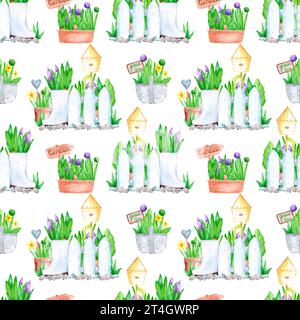 Hand gezeichnete Aquarell Frühling Garten Blumen in Töpfen und Stiefeln nahtloses Muster isoliert auf weißem Hintergrund. Vintage-Illustration im ländlichen Stil für t Stockfoto