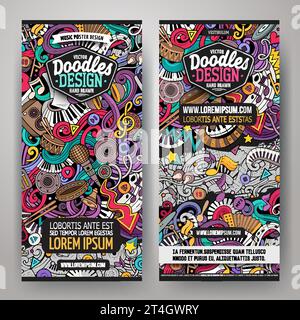 Cartoon Vektor Doodle Satz von Musik Banner Vorlagen. Corporate Identity für die Verwendung auf Einladungen, Karten, Apps, Branding, Flyern, Grußkarten, po Stock Vektor