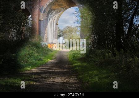 Graffiti auf einem Bogen des viktorianischen Backsteinbahnviadukts außerhalb des Dorfes Great Oakley, England. Stockfoto