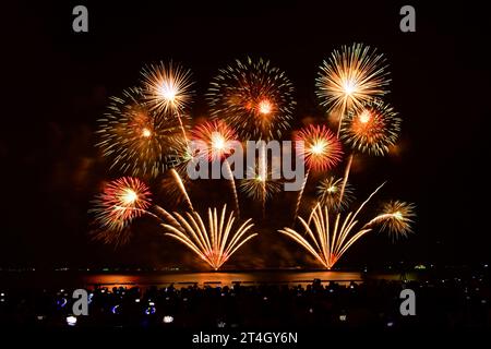 Fröhlicher Moment, in dem Menschen mit Kamera und Smartphone Feuerwerk aufnehmen. Stockfoto