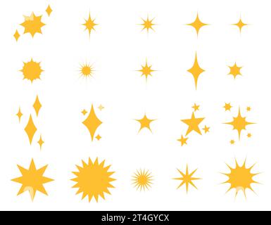 Große Reihe von futuristisch glänzenden Sternen. Sternfigurensatz. Abstraktes Vektor-Design mit Glitzereffekt. Vorlagen für Design, Poster, Projekte, Banner Stock Vektor