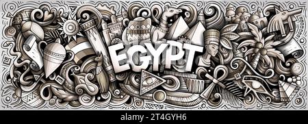 Vektor-Illustration mit Ägypten Themenkritzeleien. Einfarbiges Bannerdesign, das das Wesen der ägyptischen Kultur und Traditionen in verspieltem Carto einfängt Stock Vektor