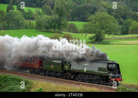 Dampflokomotive „Tangmere“, die den Carlise hinunter fährt, um die Linie an der Armathwaite Corner in Cumbria zu besiedeln. Liverpool nach Carlise Steam Special Stockfoto