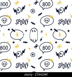 Halloween-Muster, Geister, Text, Fledermäuse. Auf einem transparenten Hintergrund, Vektordesign, Sternenhimmel. Druck auf Verpackungen und Textilien Stock Vektor