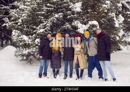 Porträt einer Gruppe fröhlicher junger Freunde, die Winterresort und Urlaub genießen. Stockfoto