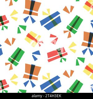 Nahtloses Muster mit Weihnachtsgeschenkboxen im flachen Stil, farbige Silhouetten mit Schleife auf transparentem Hintergrund. Geschenkpapier für Kinder, einfach Stock Vektor