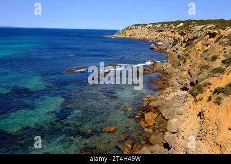 Die zerklüftete Küste rund um den Whaler's Way im Lincoln National Park auf der Eyre Peninsula in Südaustralien Stockfoto