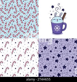 Handgezeichnetes Weihnachtsset mit Marshmallow-Kaninchen, Zimtmuster im Doodle-Stil zum Entwerfen von Babykleidung. Drucke mit nahtlosem Muster aus Zuckerrohr Stock Vektor