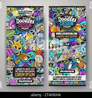 Cartoon-Vektor, handgezeichnet unter Wasser, Sealife kritzeln Corporate Identity. 2 vertikales Bannerdesign. Vorlagensatz Stock Vektor
