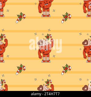 Grooviger Hippie Retro Weihnachten nahtloses Muster mit Zeichentrickfiguren heißer Tasse Kakao auf gelbem Hintergrund mit gestreiftem Karamell und stechpalme. Froher Christus Stock Vektor