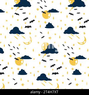 Halloween-Muster auf transparentem Hintergrund. Mond, Himmel, Sterne, Fledermaus. Vektor. Gehäusedesign Stock Vektor