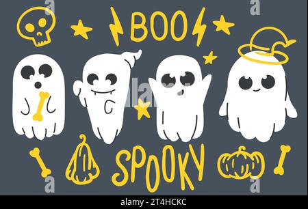 Ghost Fabric Set. Fliegende Phantome. Niedliche fliegende Monster. Festliche Silhouetten. Handgezeichnete Mode Vektor-Illustration. Alle Elemente isoliert Stock Vektor