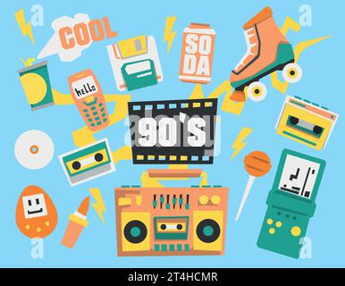 Eine Reihe von Gegenständen aus den 80er und 90er Jahren, Spielzeug, Musikinstrumente. Flaches Design der 90er Jahre, Vektorgrafiken Stock Vektor