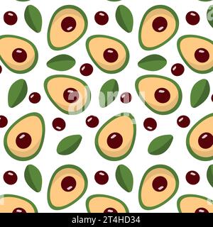 Avocadomuster auf transparentem Hintergrund im Stil flacher Vektorgrafiken, Zitronen- und grünen Blättern Stock Vektor