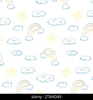 Wolkenmuster mit Regenbogen auf isoliertem Hintergrund, Kinderdesign für Druck, nahtloses Muster, Vektor, Kritzelillustration Stock Vektor