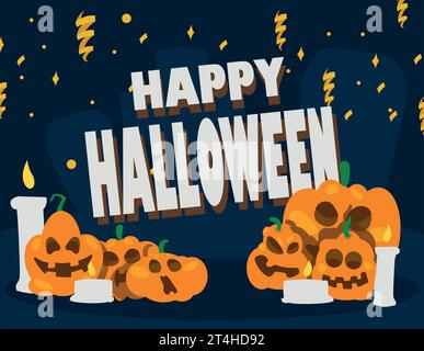 Banner für soziale Netzwerke, Vektor, Farbe Orange, Weiß, Blau. Sterne, Kerzen, Feuerwerk bei Nacht. Frohes Halloween. Partyeinladung. Stock Vektor