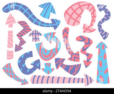 Farbige dicke Vektorpfeile, die innerhalb der Pfeile, Zickzack und Linien auf weißem Hintergrund gedruckt werden Stock Vektor