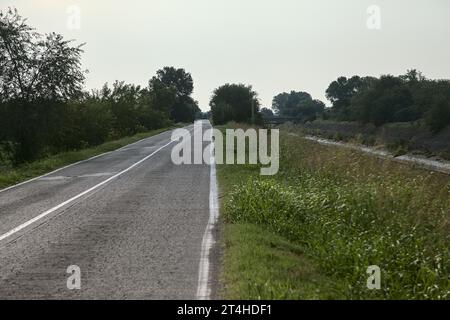 Die Straße ist von Bäumen und Feldern in der italienischen Landschaft umgeben Stockfoto