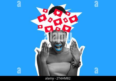 Emotionale Afrikanische Dame Mit Kopf Explodiert Mit Likes Icons, Collage Stockfoto