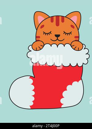 Eine Ingwerkatze schläft in einem Weihnachtsstrumpf. Weihnachtsgeschenk. Weihnachtsillustration. Vektorabbildung Stock Vektor
