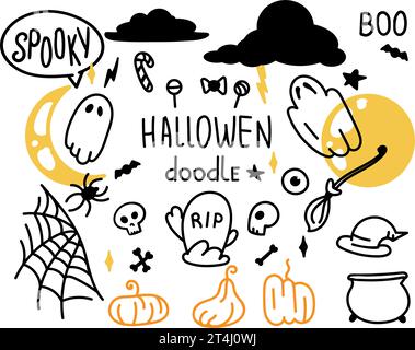 Set mit Halloween-Doodle-Illustrationen auf transparentem Hintergrund, Linie verschmelzen. Holiday Elements Geist, Himmel, Sterne, Spinnennetz, Kürbis, Mond, Text, Süßigkeiten, Stock Vektor