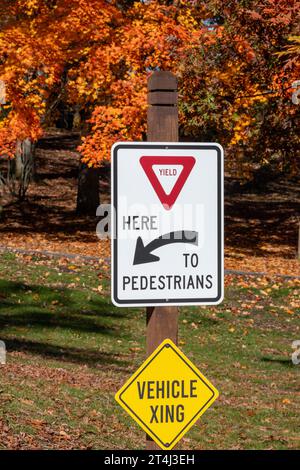 Geben Sie sich im Herbst in einem Park dem Fußgängerschild nach Stockfoto